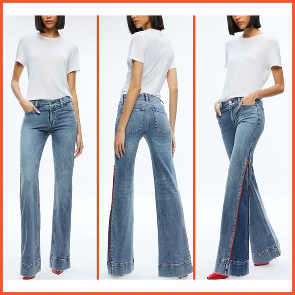 Alice + Olivia Rey Side Zipper Blue Red Wide Leg Jeans - Picture 4 of 13